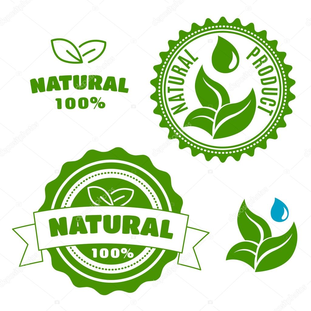 Natural product labels and badges with sappy green leaves, water drops and ribbon banner. For retail industry design