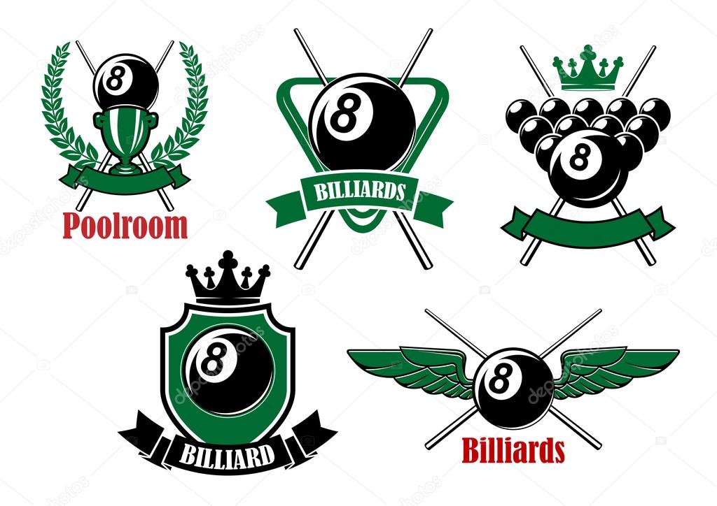 Pool, snooker and billiards game icons with black balls, crossed cues, triangle rack, trophy, crowns and wings, decorated by heraldic shield, wreath and ribbon banners