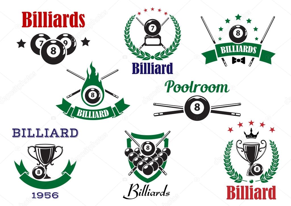 Billiards sports icons with billiard balls, cues and trophy cups, decorated by flame, stars, crown, heraldic shield, laurel wreaths and ribbon banners