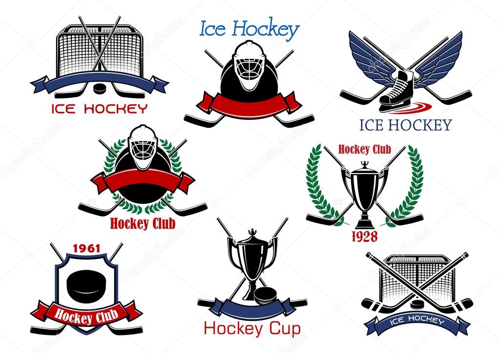 Ice hockey cup or sporting club emblems with hockey pucks, sticks, goalie masks, trophy, winged skate and gates, supplemented by heraldic shield, wreaths and ribbon banners