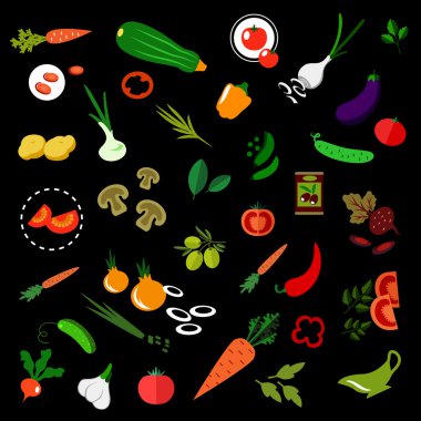 Flat vegetables icons with herbs and olives