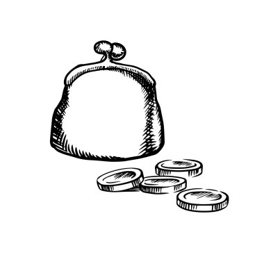 Big purse with coins, sketch icon