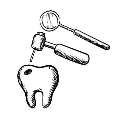 Tooth with decay, dental drill and mirror