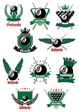 Billiards game icons with sport items