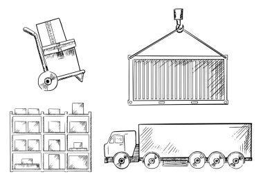 Truck, container, hand truck and racks