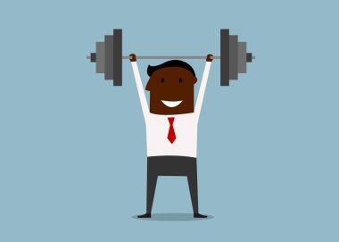 Strong businessman lifting heavy barbell