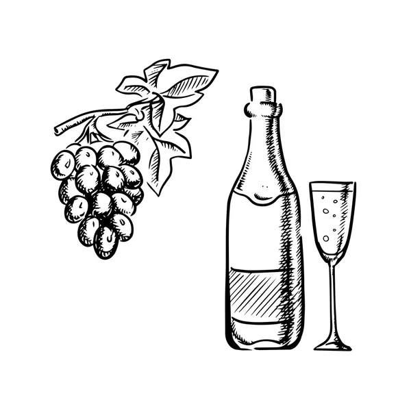 Croquis bouteille de vin, verre et raisin — Image vectorielle