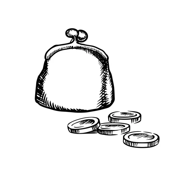 Big purse with coins, sketch icon — Stock Vector