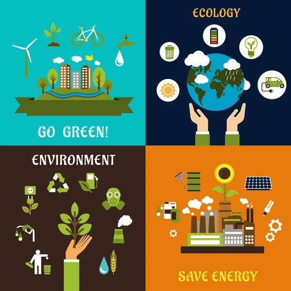 Meio ambiente, ecologia e economizar ícones de energia —  Vetores de Stock