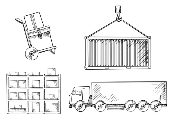 Camión, contenedor, camión de mano y bastidores — Archivo Imágenes Vectoriales