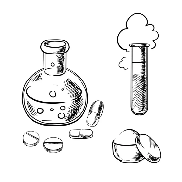Flask, tube, pills, capsules and powder — Stockvector