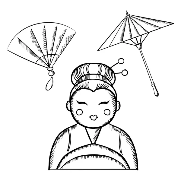 Geisha in kimono with fan and paper umbrella — ストックベクタ