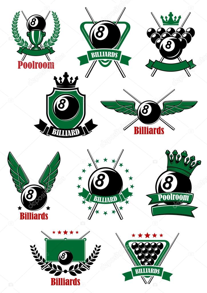 Billiards game icons with sport items as black balls, wings and crowns, cues, table, triangle racks and trophy cup, decorated by stars, heraldic shield, laurel wreaths and ribbon banners