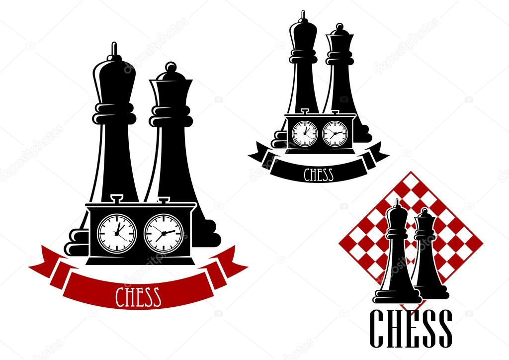 Chess tournament icons with black kings and queens behind game clock, decorated by ribbon banner and another variant with chessboard