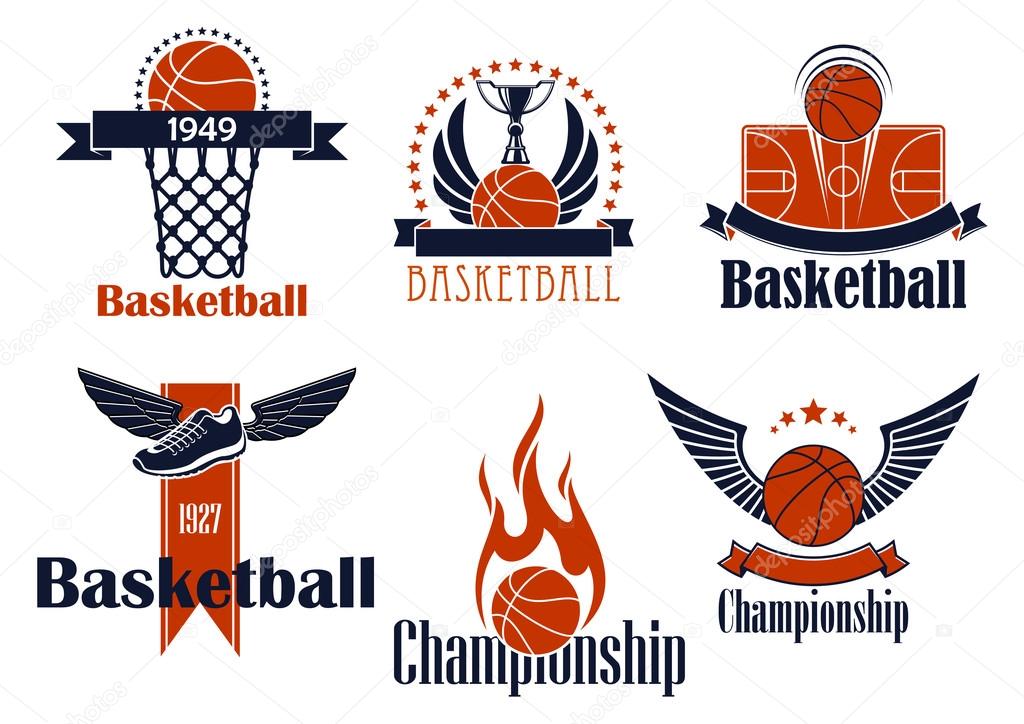 Basketball sport icons with balls and wings, stars and flame, trophy cup, winged shoes, court and basket, supplemented by ribbon banners
