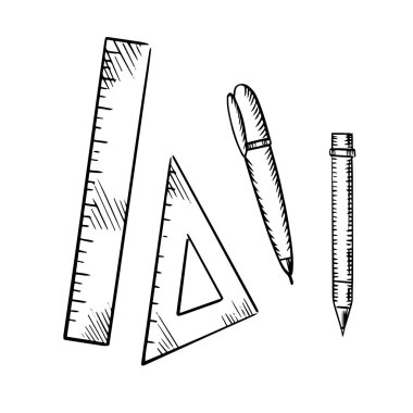 Pencil, pen, triangle and ruler sketch icons clipart