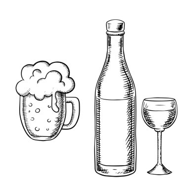 Wine glass, bottle and beer tankard