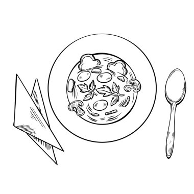 Vegetarian soup with spoon and napkins