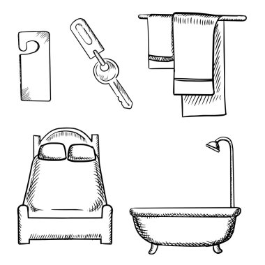 Key, door tag, bed, bathroom and towels sketch