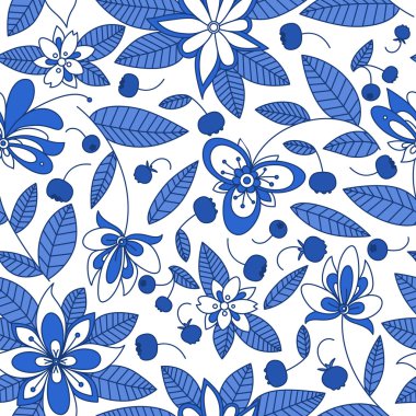 Blueberry seamless pattern with floral elements