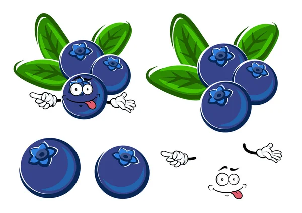 Cartoon blueberry fruits character with leaves — Stockvector