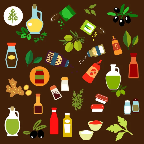 Condiments, spices, herbs and oil flat icons — Stockový vektor