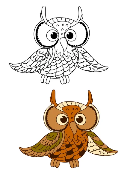 Horned owl bird with mottled brown plumage — Stock Vector