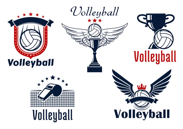 Bola de vôlei jogo emblemas com itens esportivos —  Vetores de Stock
