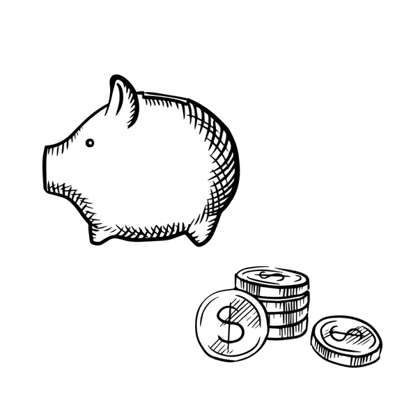 Banco porquinho e esboço pilha de moedas —  Vetores de Stock