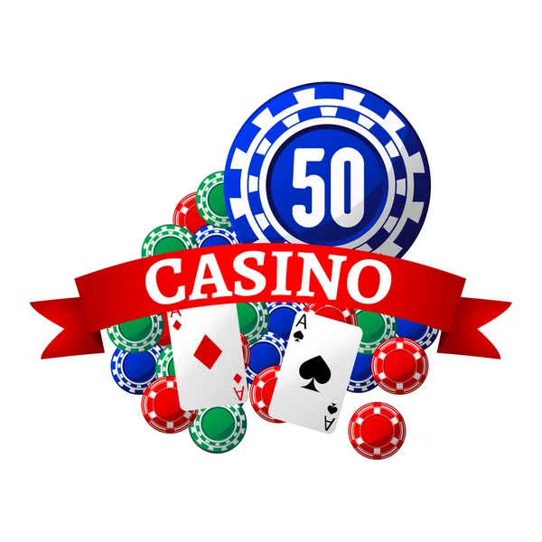 Casino icon with playing chips, cards and ribbon — 图库矢量图片