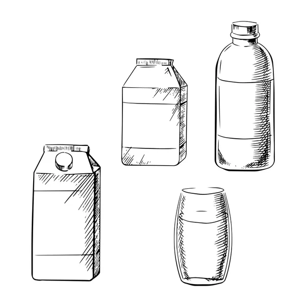 Milk bottle, glass and cartons sketch — Stock Vector