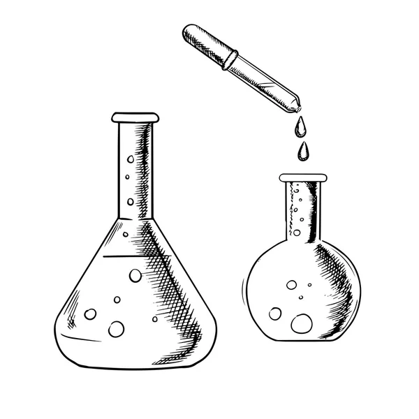 Dropper and laboratory flasks sketch — Stock Vector