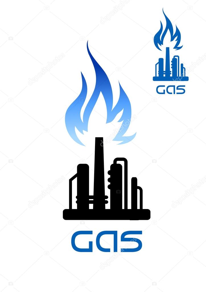 Oil refinery plant icon with blue flame of natural gas over black silhouette of pipeline and flare stack, for heavy industry theme design