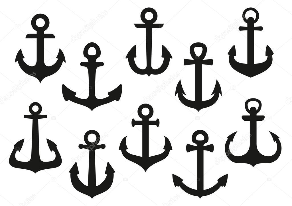 Heraldic black nautical anchor icons set