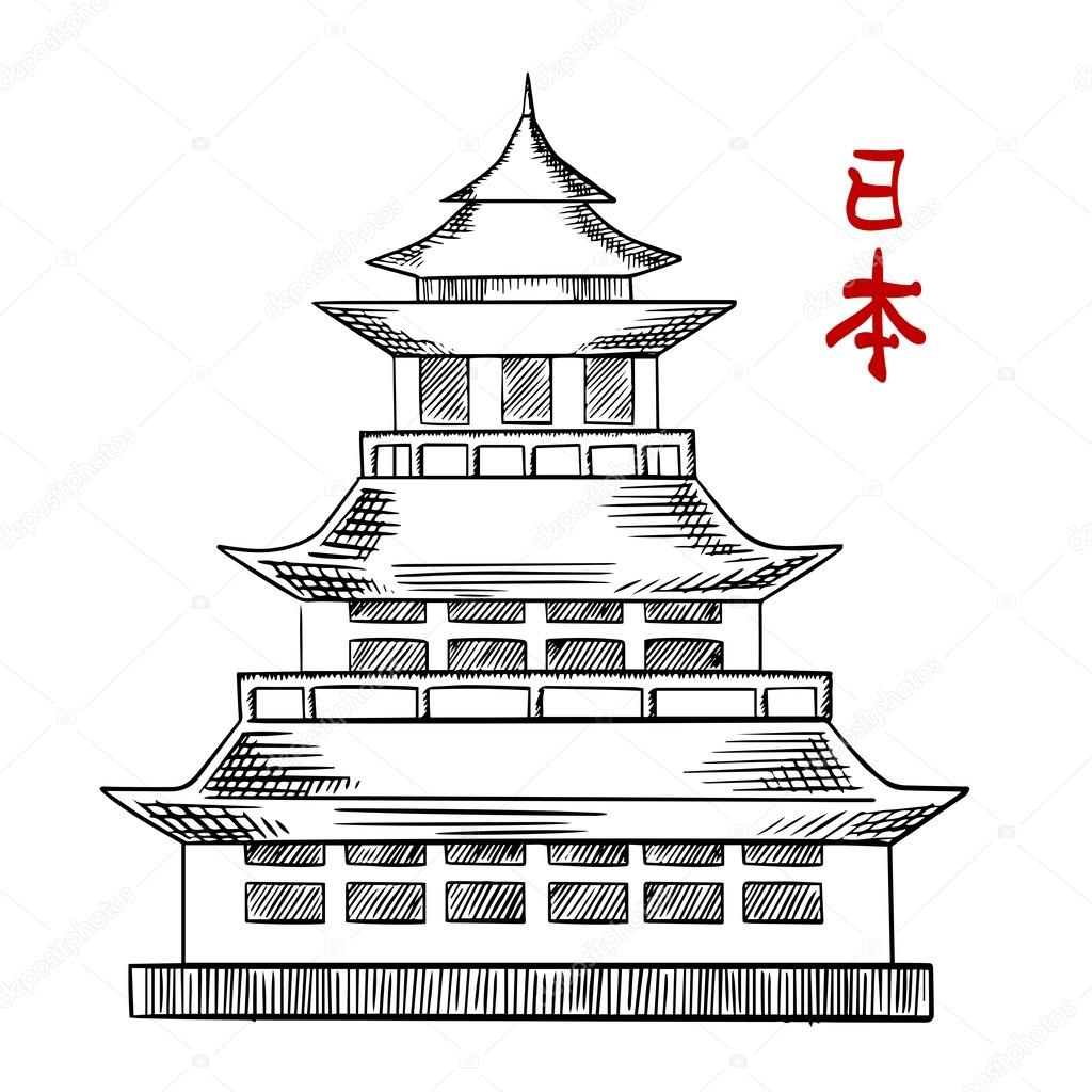 Japanese Traditional Pagoda Building Cartoon Sketch Vector Illustration  Isolated. Stock Vector - Illustration of japanese, architecture: 164672596