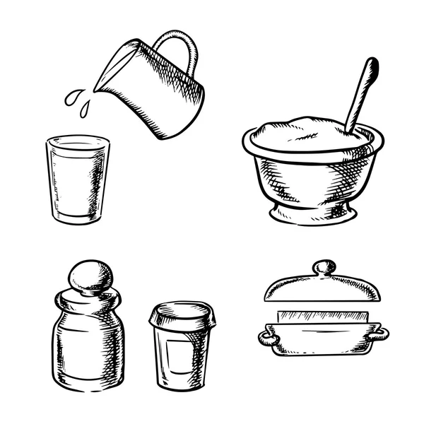 Croquis de pâte, beurre, lait, farine et épices — Image vectorielle