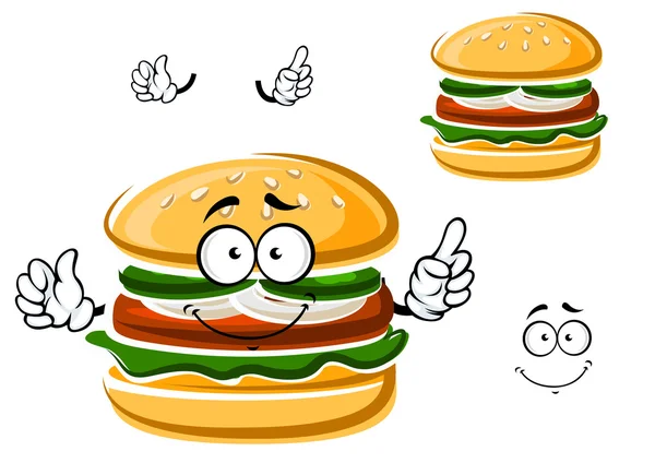 Hamburguesa divertida de dibujos animados con verduras — Vector de stock