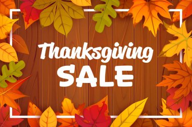 Ahşap arka planlı, renkli sonbahar yapraklarıyla çevrili şükran günü pankartı. Çizgi film vektör şenliği, sıcak, mevsimlik tanıtım kartı kutlama, alışveriş ve samimi sonbahar tatili ruhunu iletiyor