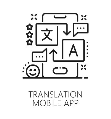 İngilizce çeviri uygulaması satır simgesi. İngilizce ana hat vektör sembolü, yabancı konuşma çeviri simgesi. Akıllı telefon uygulaması veya servis ekranı ile sözcük dağarcığı imzası