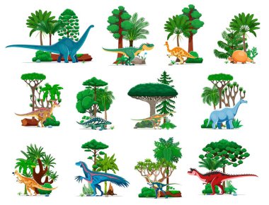 Canlı, gür bir orman ortamında tarih öncesi dinozor karakterleri. Karikatür dino sürüngenlerinin vektör kümesi zengin yeşilliklerin arasına yerleşmiş, Jurasik dönemin çeşitli türleri ve bitkilerini sergiliyor.