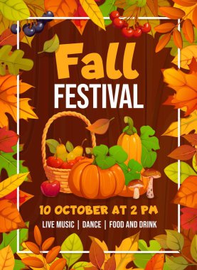 Sonbahar festivali posteri, güz mevsimi yaprakları, olgun balkabakları ve elmalar, vektör davetiyesi. Sonbahar festivali ya da piknik partisi posteri içinde hasat sepeti, balkabağı, mantar ve meyve