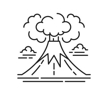 Erupting volcano landscape line icon or pictogram. Environment and nature landscape element or thin line vector symbol, travel scene pictogram. Natural disaster icon with exploding volcano mountain