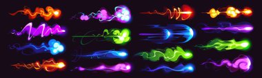Laser and plasma blaster gun game effect of cartoon energy blast or fire beam, vector VFX set. Laser gun or plasma blaster game effects of lightning or magic energy blasts with flame shot or fireball