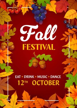 Autumn fall festival party poster or flyer with wooden background, autumn leaves, acorns, berries, grapes and pumpkins. Cartoon vector festive invitation card promotes celebration with music and dance