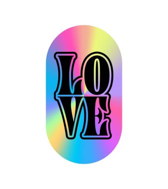 Love hologram vintage Y2K sticker or tag. Metallic color holographic retro label, reflective foil Y2K vector sticker. Gradient chrome iridescent tag or patch with vertical typography