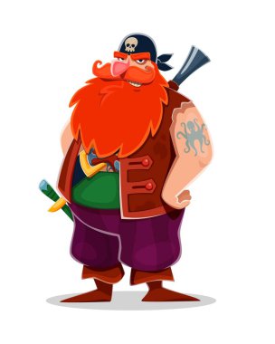 Corsair pirate redhead sailor cartoon character. Strong and muscular pirate isolated vector character with big red beard and kraken octopus tattoo, wearing bandana, armed with musket rifle and sword