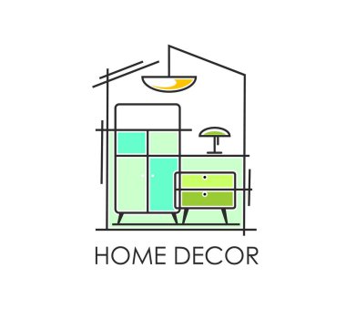 Apartment interior home decor line icon or badge. Home room design company line vector sign, interior decor store emblem. Office or hotel furniture shop line symbol or icon with drawers and lamps