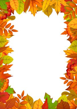 Autumn season frame festive greetings frame with fall leaves, berries and branches on decorative border. Vertical Thanksgiving holiday border vector template with colorful seasonal foliage and berries