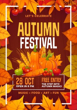 Autumn fall season festival flyer decorated with seasonal fruits, berries vegetables, and falling red, orange and yellow leaves and harvest produce promotes a festive seasonal event on October 28