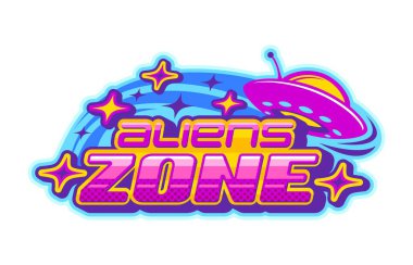 Space aliens zone Y2K retro icon or emblem. Space invader retro vector emblem, alien vintage sign. Universe SCI-FI UFO funky symbol or icon with pink flying saucer and retro futuristic typography